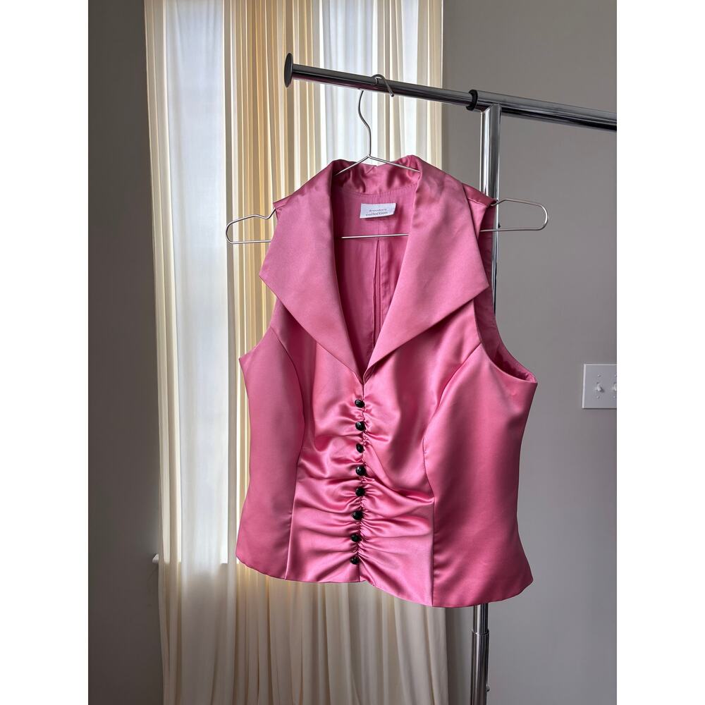 90s Vintage Dressbarn Top 10 Pink Satin Ruched Vest Button Office Siren Glam Y2K - Picture 12 of 15